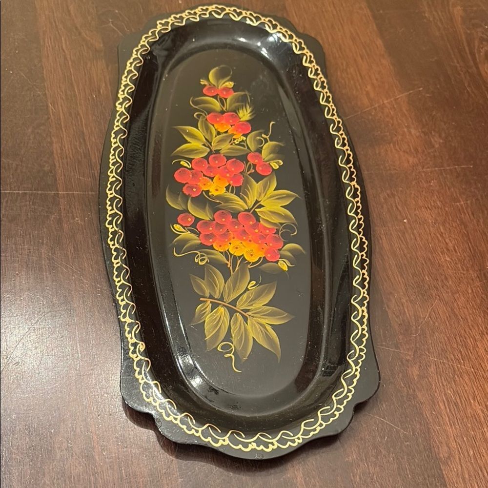 Vintage Russian Floral Tray with Gold Accents